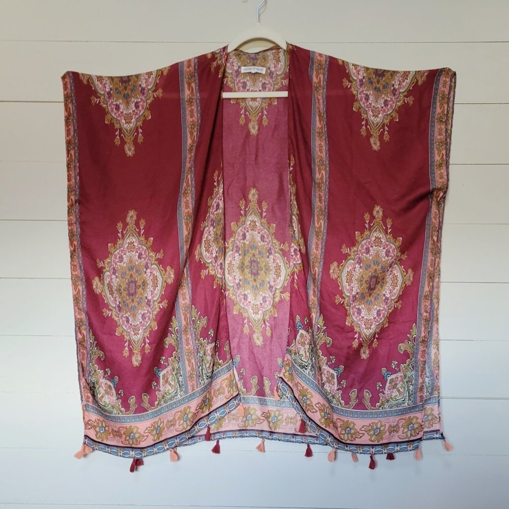 Woven Heart Burgundy/Wine Pattern Shawl Wrap Kimono Style, One Size